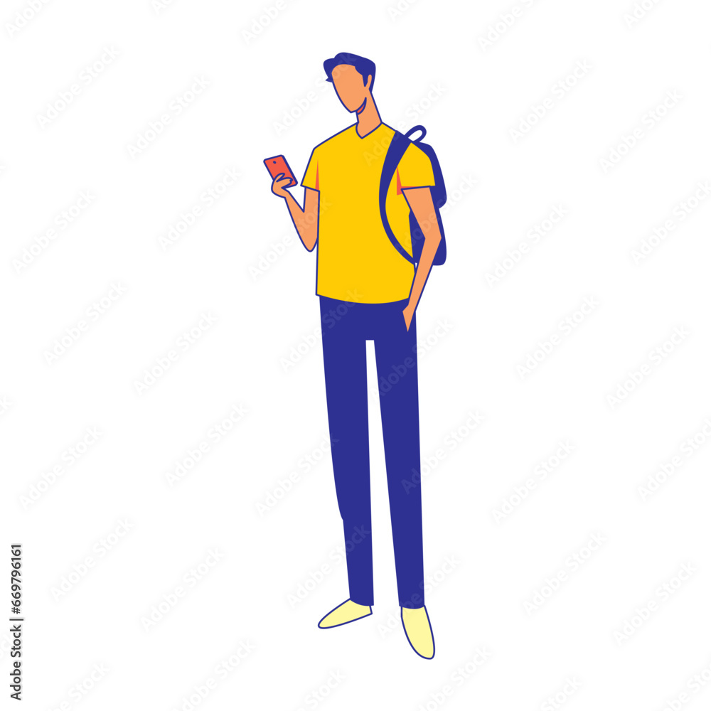 Illustration of Faceless Male College Student Character Holding a Smartphone. Vector Design