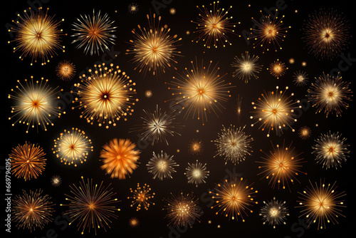 Abstract burst gold pattern fireworks set   Festive firework   deco star shaped firework isolated on black background