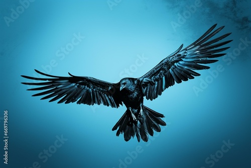 Bird silhouette in flight, wings spread wide, against blue background. Generative AI © Solana