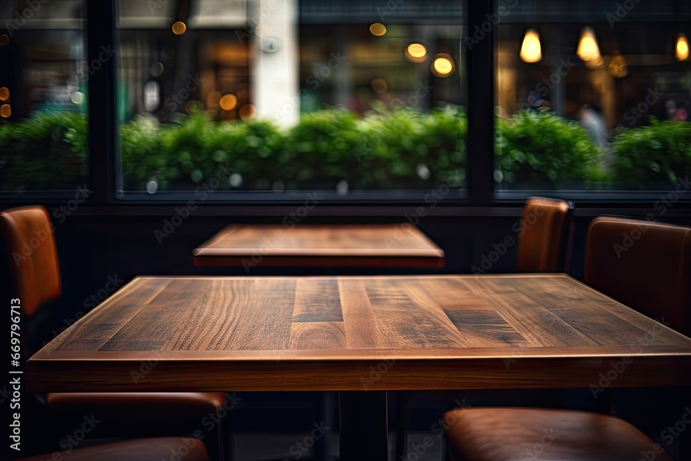 Retro urban chic. Empty wooden table in modern cafe setting. City lifestyle vibe. Abstract blurred in vintage restaurant. Cosy urban corner