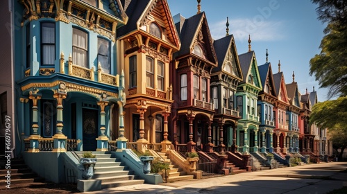 A row of Victorian townhouses with ornate ironwork and colorful facades, standing tall and proud photo