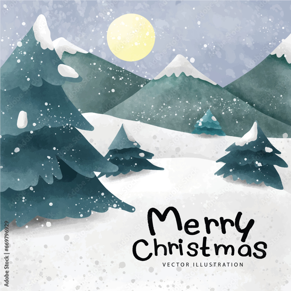 Cold Winter Night Christmas Moon in Watercolor Illustration