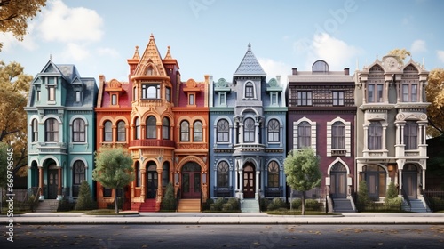 A row of Victorian townhouses with ornate ironwork and colorful facades, standing tall and proud