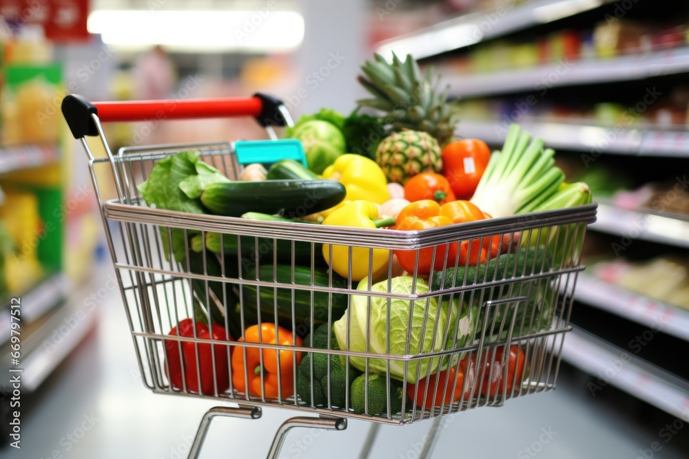 Shopping cart in grocery store full of fruits and vegetables