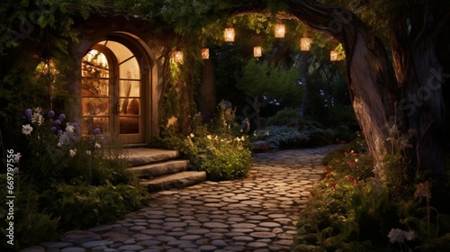 A secluded alcove with a softly lit pathway leading to a hidden garden retreat