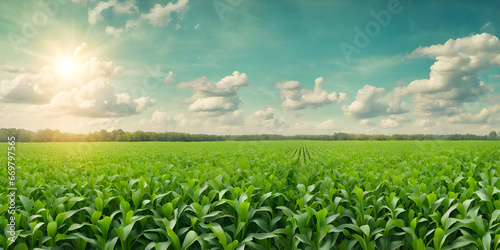 Fresh green field with corn growing. Farming countryside background. Green field and blue sky.
