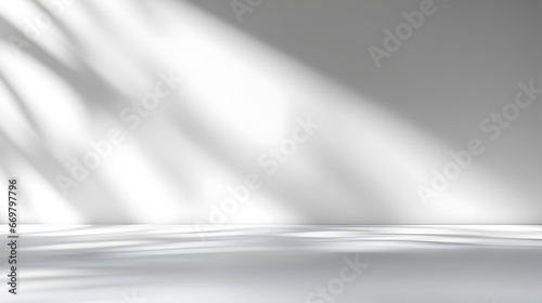 Abstract minimal empty black and white 3d room background. Modern Studio showcase with copy space. Mock up scene with natural window shadows, dappled light overlay effect. empty room