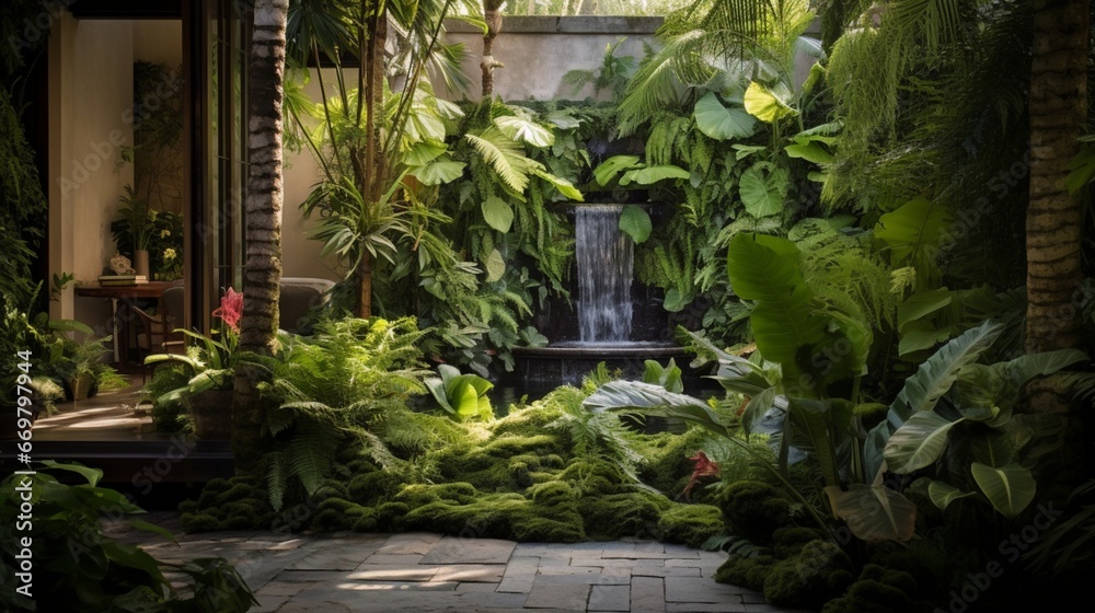 A secluded courtyard with a bubbling fountain and lush, vibrant ferns
