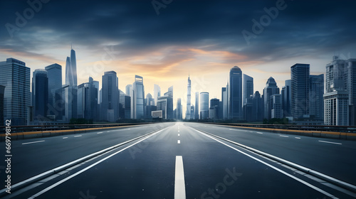 Empty road of a modern city with skyscrapers