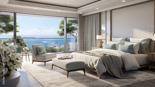 A serene and expansive master bedroom with a king-sized bed, panoramic windows, and a private sitting area, emanating an air of luxurious tranquility and respite photo