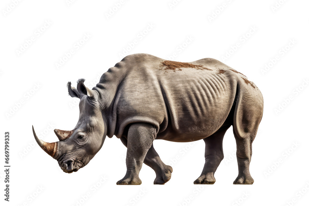 Fototapeta premium Isolated side view of walking rhino on transparent background. generative ai