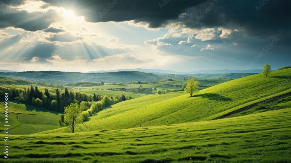 Free photo Landscape and nature in the spring. Landscape with dramatic sky and green meadows