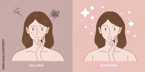 Face of woman with skin problem compare with healthy skin. Dull skin and glowy skin. Hand drawn flat cartoon character vector illustration.
