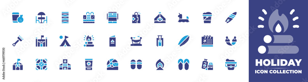 Holiday icon collection. Duotone color. Vector and transparent illustration. Containing sofa bed, menu, beach ball, tent, suitcase, bonfire, bucket, calendar, luggage, pool, sun lotion, orange juice.