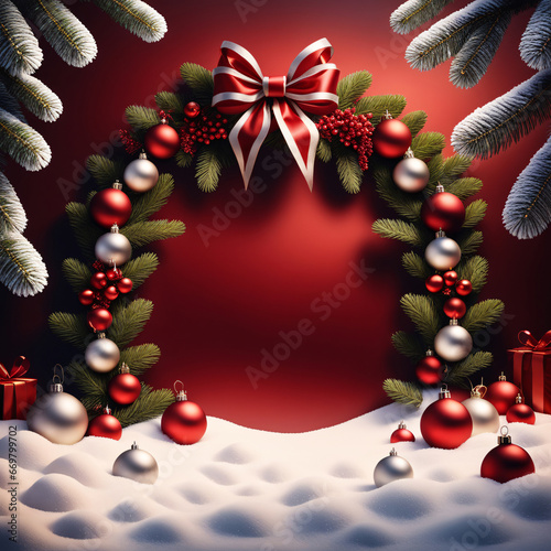 Christmas background with fir branches  red baubles and stars.