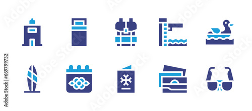 Holiday icon set. Duotone color. Vector illustration. Containing holiday, surfboard, backpack, card, trampoline, sunglasses, inflatable boat, single bed, spring break, pictures.