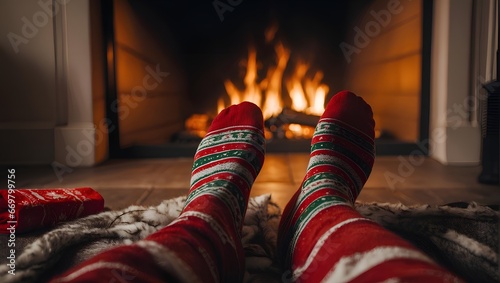 A pair of feet in Christmas socks resting in front of a cozy fireplace.