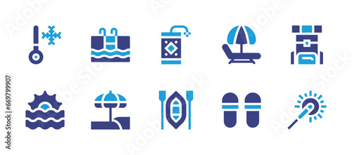 Holiday icon set. Duotone color. Vector illustration. Containing pool, beach umbrella, cold, sunset, fireworks, kayak, backpack, sparkler, hammock, slippers.