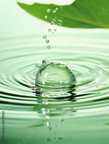 Crystal clear water drip splash on green background AI