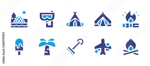 Holiday icon set. Duotone color. Vector illustration. Containing snorkel, palm tree, camping, campfire, bonfire, popsicle stick, tent, fork, plane.