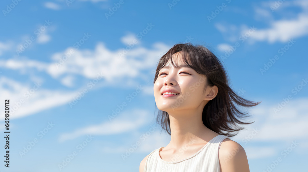 Young Japanese woman with radiant smile practicing yoga outdoors generative ai Young Japanese woman with radiant smile practicing yoga outdoors generative ai
