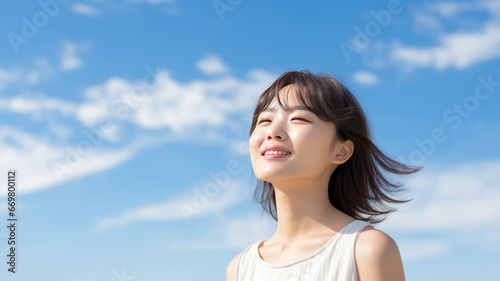 Young Japanese woman with radiant smile practicing yoga outdoors generative ai