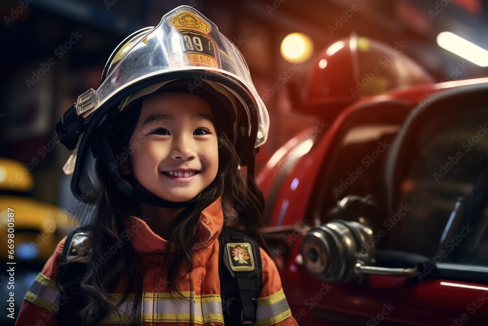 Portrait of a cute little asian girl wearing a firefighter uniform