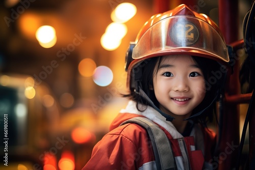 Portrait of a cute little asian girl wearing a firefighter uniform