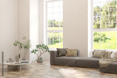 Bright interior design with modern furniture and summer landscape in window. 3D illustration