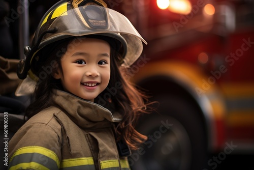 Portrait of a cute little asian girl wearing a firefighter uniform photo
