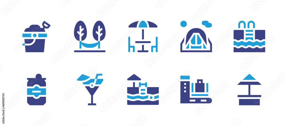 Holiday icon set. Duotone color. Vector illustration. Containing hammock, cocktail, swimming pool, beach, scan, sand bucket, beer can, table, pool, tent.