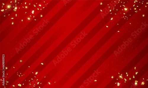 Christmas and New Year banner with golden glitters on red background. Red background with diagonal stripe pattern. Christmas, festive, party, holiday background. Greeting Card. Premium Vector EPS10.