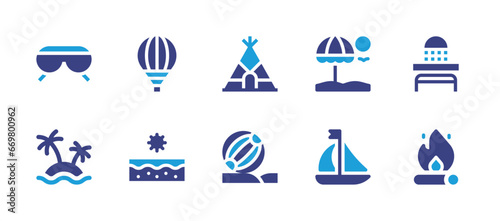 Holiday icon set. Duotone color. Vector illustration. Containing sun umbrella, sailing boat, sunglasses, island, hot air balloon, sun, tent, beach ball, bath, combustion.
