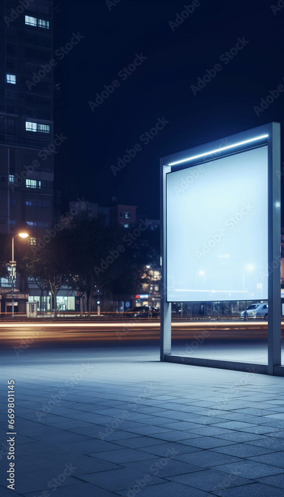 Blank white billboard at bus stand in evening rain, cityscape Blank white billboard at bus stand in evening rain, cityscape