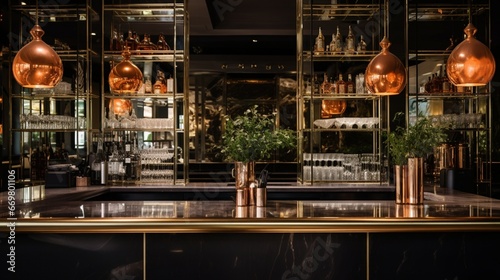 A sleek and stylish bar area with a mirrored backdrop  elegant glassware  and a well-stocked liquor selection  evoking an ambiance of refined conviviality