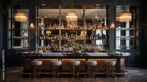 A sleek and stylish bar area with a mirrored backdrop, elegant glassware, and a well-stocked liquor selection, evoking an ambiance of refined conviviality