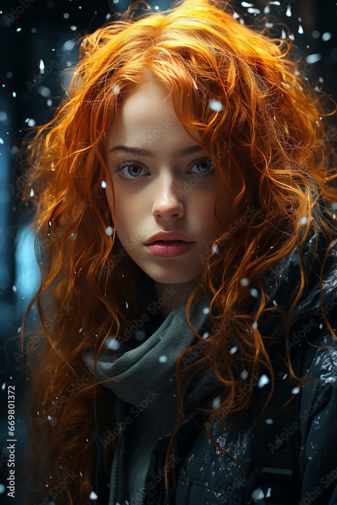 Girl with red hair in rainy day, in the style of glimmering light effects, snow scenes.generative ai Girl with red hair in rainy day, in the style of glimmering light effects, snow scenes.generative ai