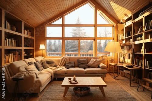 Cozy wooden interior, bright and spacious. Generative AI