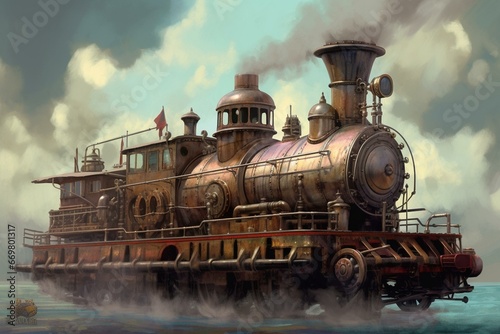 Steampunk retro vintage steam trainboat. Generative AI