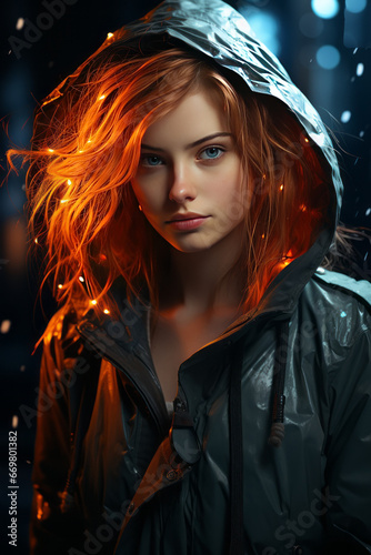 Girl with red hair in rainy day, in the style of glimmering light effects, snow scenes.,generative ai © Suralai