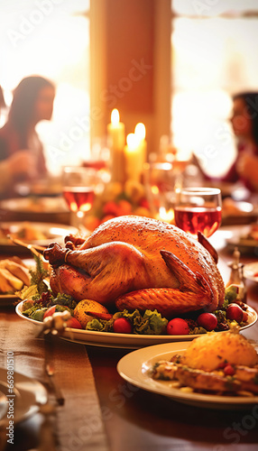 Vibrant Thanksgiving feast: golden turkey, joyful family. photo