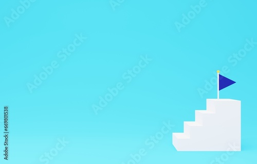 3D素材_シンプルな階段とフラッグ_水色