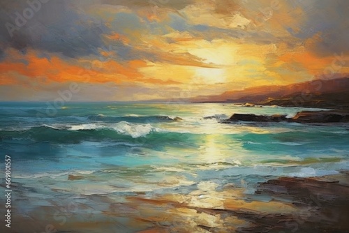 Vibrant seascape painting with a sunny ambiance captured in an oil-painted frame. Generative AI