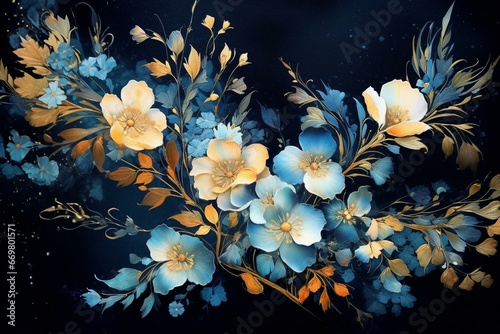 Watercolor painting of blue and gold flowers on a dark background. Generative AI