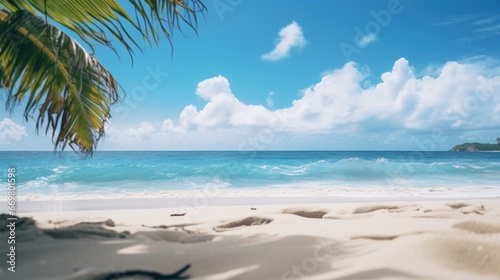A Slice of Paradise Sandy Beach  Cloudy Sky  Palm Trees  and Ocean Waves