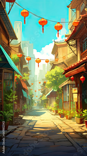 Old Asian city street with red lantern in cartoon style. Chinatown cartoon landscape. Vietnam town buildings illustration. China city street. Generated by artificial intelligence photo