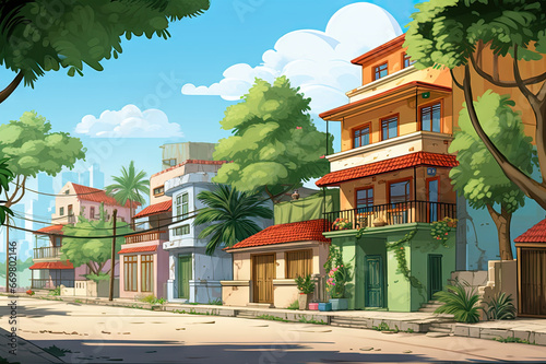 Old Asian city street in cartoon style. Chinatown cartoon landscape. Vietnam town buildings illustration. China city street. Asian houses and road. Generated by artificial intelligence
