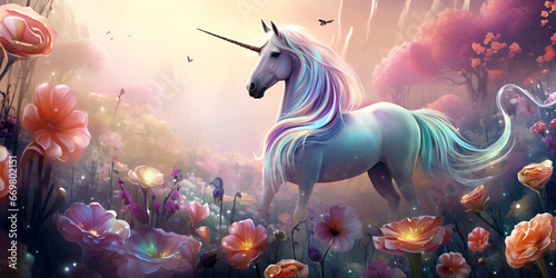 The Enchanting Journey of a Pink Unicorn Above the Blooming Paradis n the Land of the Pink Unicorn: A Blooming Paradise Awaits generative ai photo