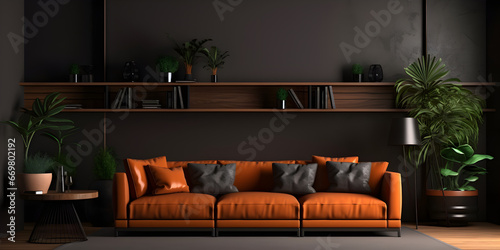 Large wall tv in a living room with sofa orange interior,modern living room, living room with a couch and a table with a lamp on it.