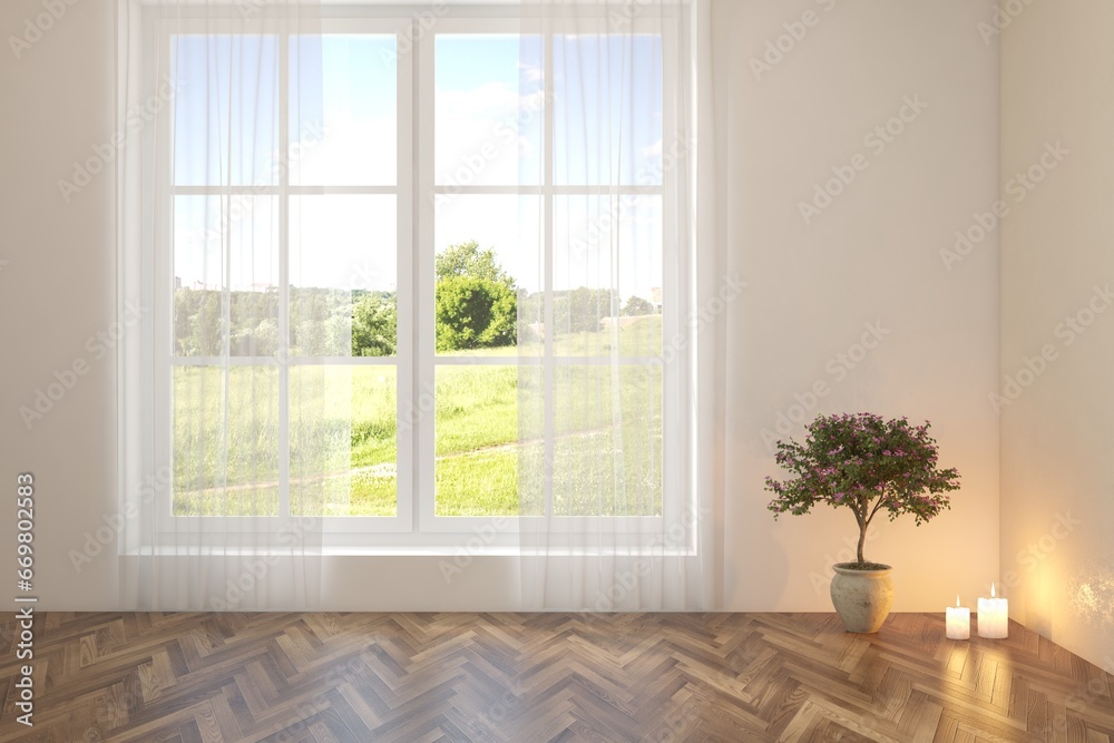 Fototapeta premium White empty room with summer landscape in window. Scandinavian interior design. 3D illustration
